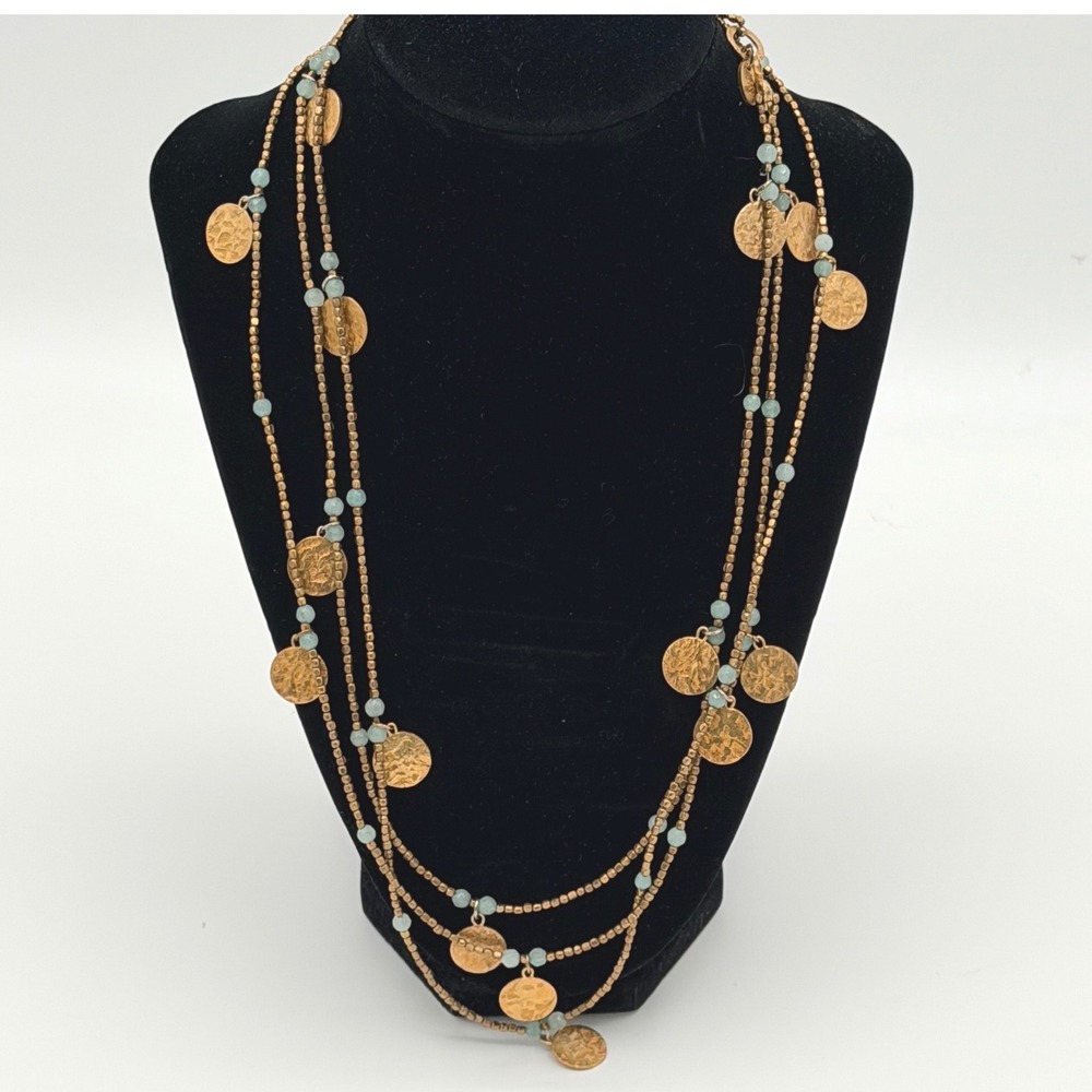 Azuni London Gold Rone Aqua Bead Coin Charm Layered Necklace Boho Festival 32"